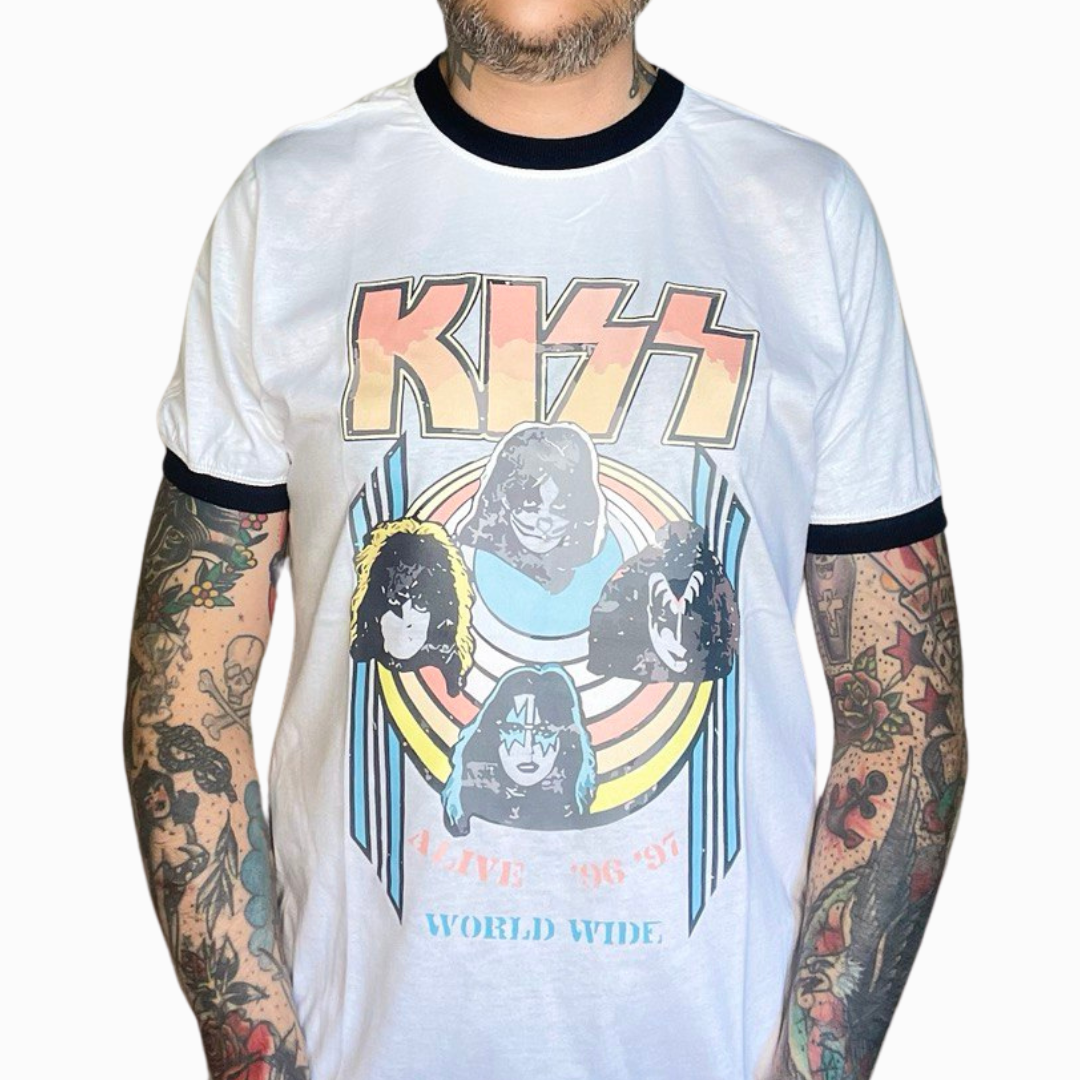 Camiseta Ringer Tee algodão Kiss Vintage