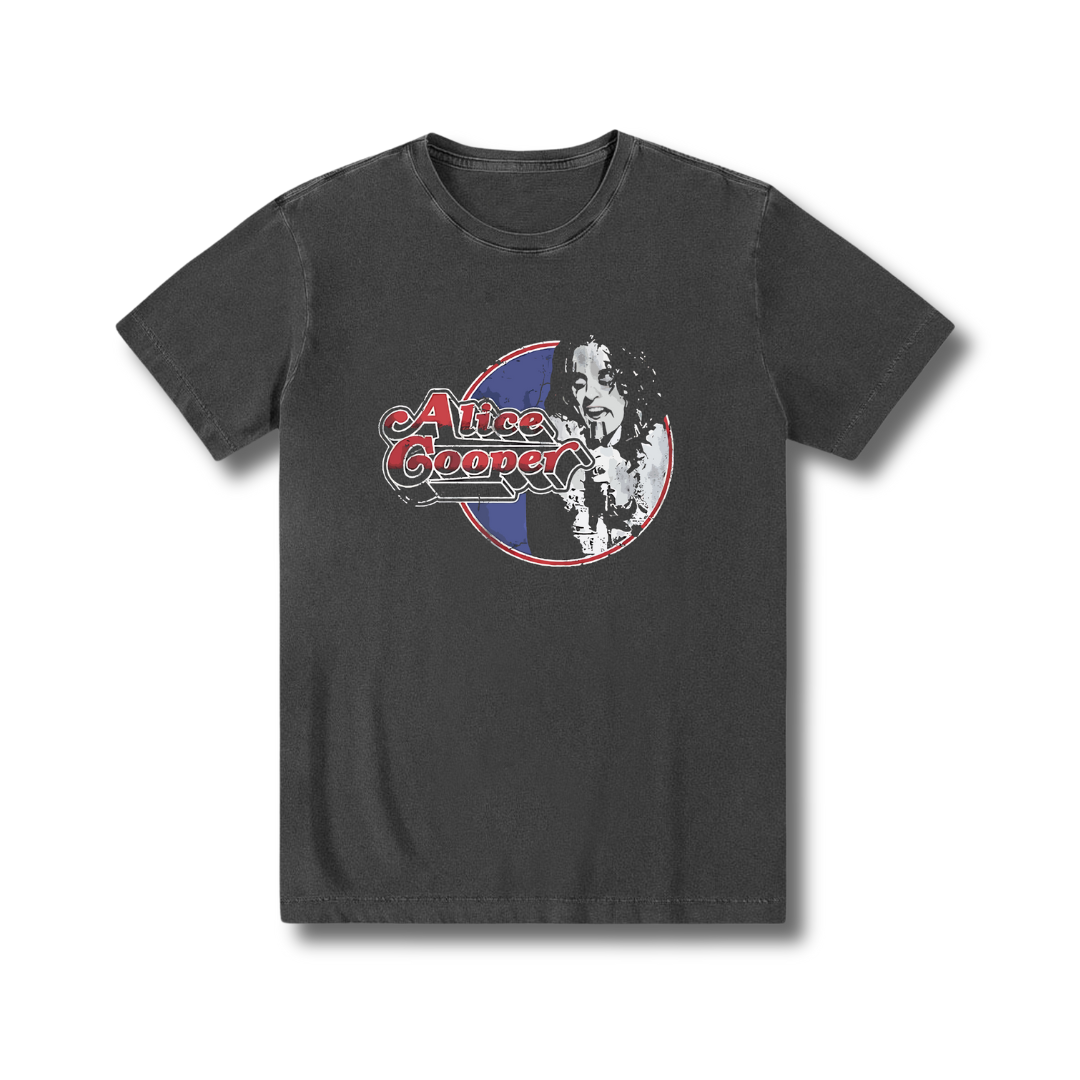 Camiseta 100% algodão estonada unissex exclusiva Glam Rock Rock N Roll Alice Cooper