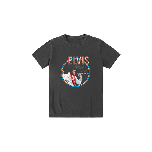 Camiseta infantil preta estonada algodão Elvis Presley
